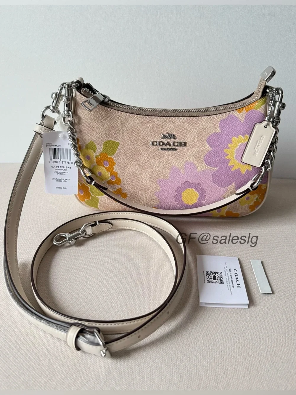 Coach Teri Shoulder Bag In Signature Floral Silver/Sand/Purple CBG73 NWT
